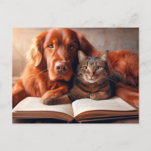Katze und Hund lesen ein Buch Postkarte