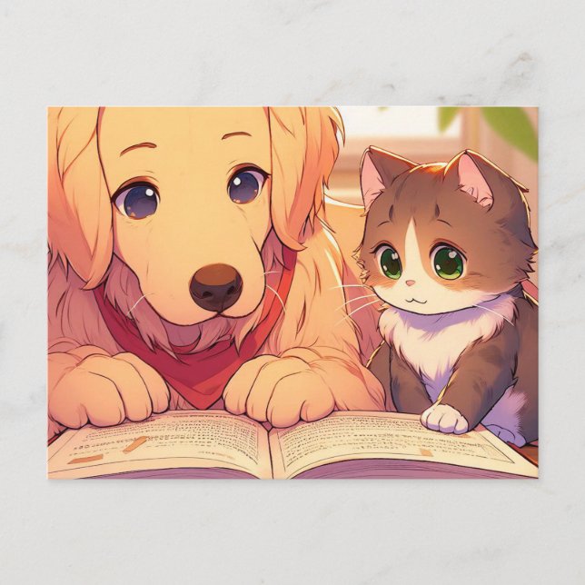 Katze und Hund lesen ein Buch Postkarte (Vorderseite)