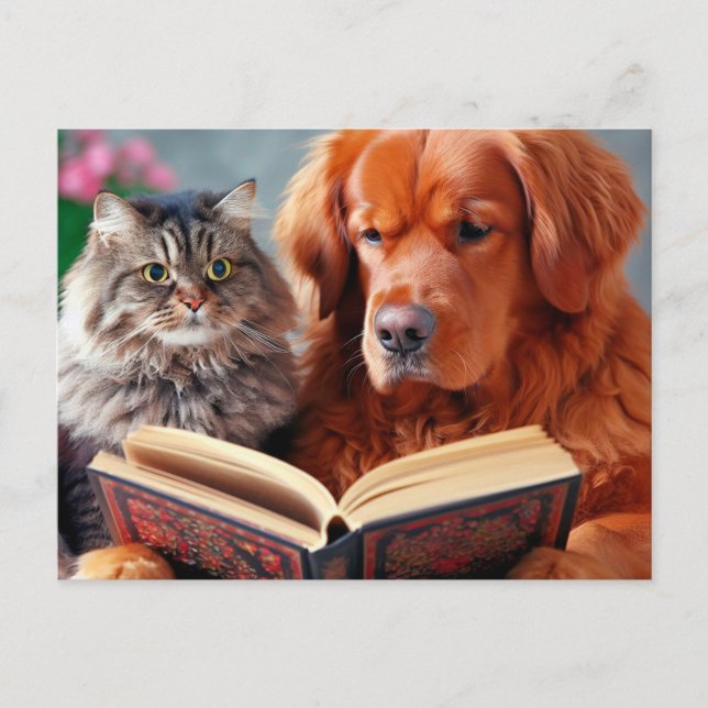 Katze und Hund lesen ein Buch Postkarte (Vorderseite)