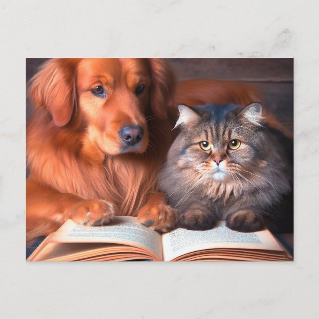 Katze und Hund lesen ein Buch Postkarte (Vorderseite)