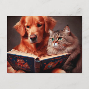Katze und Hund lesen ein Buch Postkarte