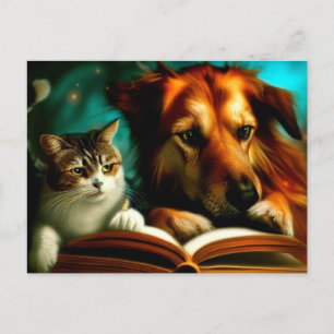 Katze und Hund lesen ein Buch Postkarte