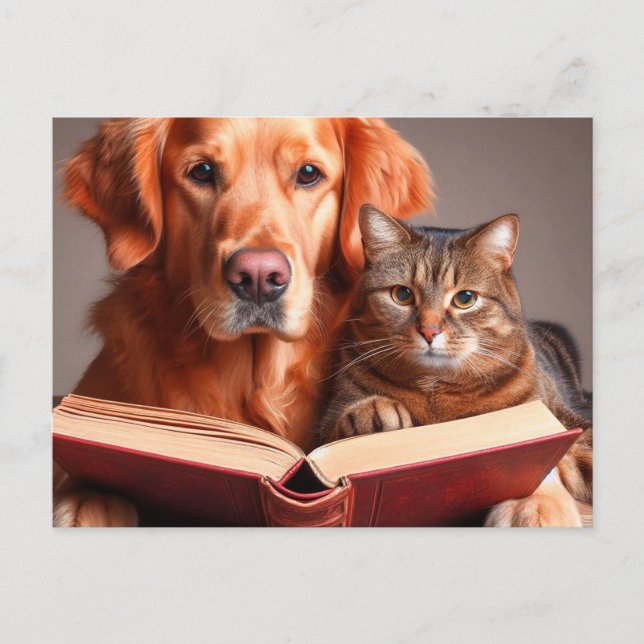 Katze und Hund lesen ein Buch Postkarte (Vorderseite)
