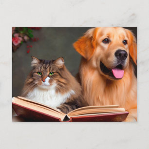 Katze und Hund lesen ein Buch Postkarte