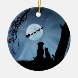 Katze und Hund mit Santa und Schlitten Keramik Ornament