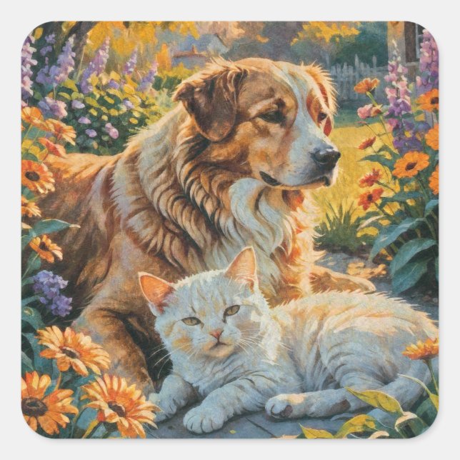 Katze und Hund Quadratischer Aufkleber (Vorderseite)