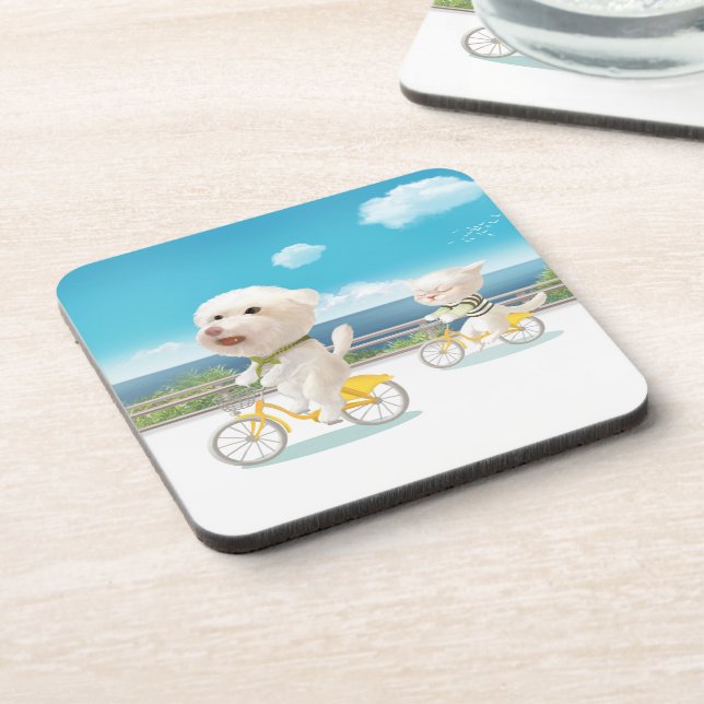 Katze und Hunde reiten Fahrrad Getränkeuntersetzer (Linke Seite)
