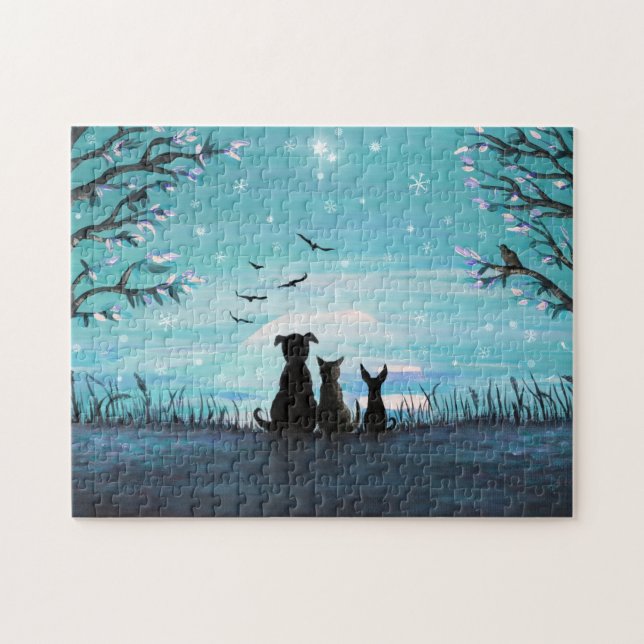 Katze und Hunde Winterabend Puzzle (Horizontal)