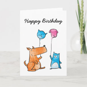Katze und Hundeballon Geburtstagkarte Karte