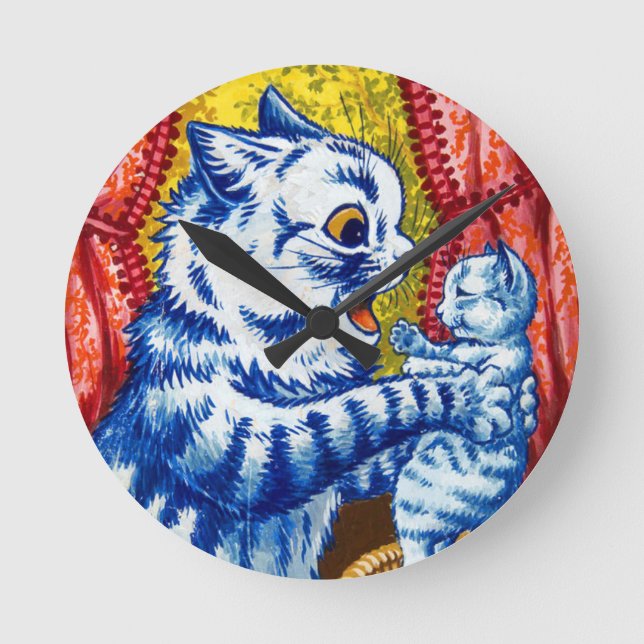 Katze und ihre Kätzchen Runde Wanduhr (Vorderseite)