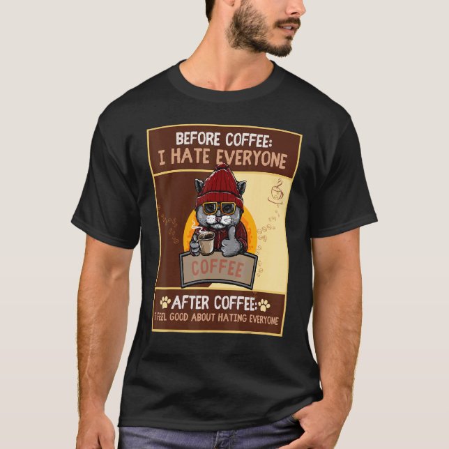 Katze und Kaffee-Geschichte T-Shirt (Vorderseite)