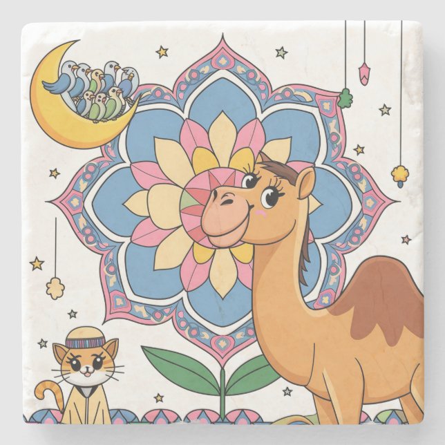 Katze und Kamel Steinuntersetzer (Vorderseite)