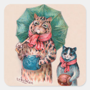 Katze und Kätzchen Louis Wains mit Regenschirmen Quadratischer Aufkleber
