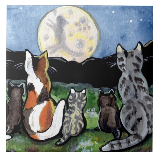 Katze und Kätzchen schauen Mond 6" Tile Trivet Fliese (Vorderseite)
