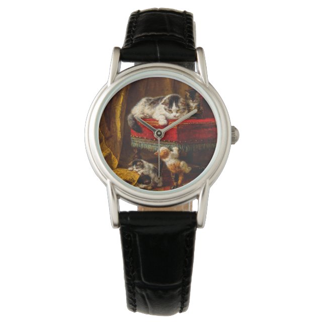 Katze und Kätzchen spielen mit Stuhl Armbanduhr (Vorderseite)