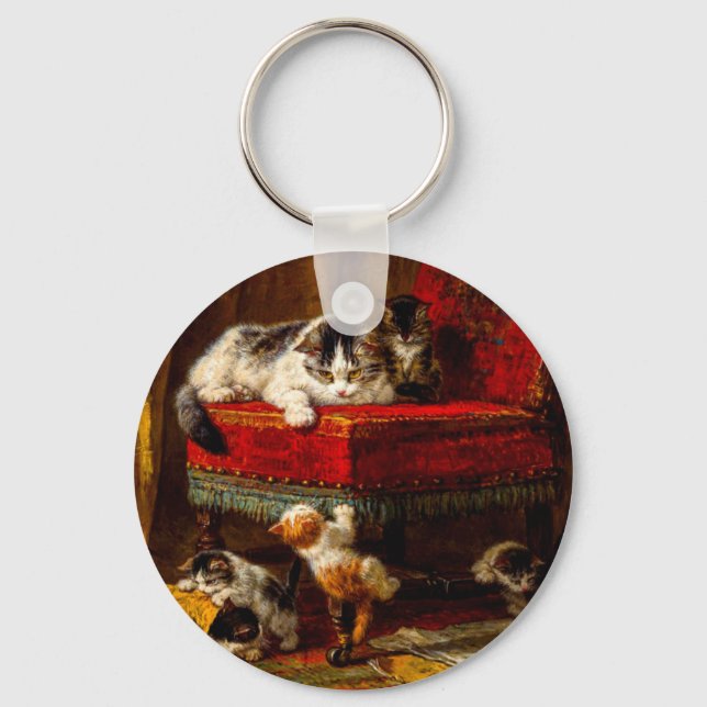 Katze und Kätzchen spielen mit Stuhl Schlüsselanhänger (Vorderseite)