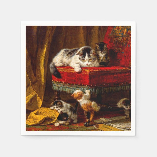 Katze und Kätzchen spielen mit Stuhl Serviette (Vorderseite)