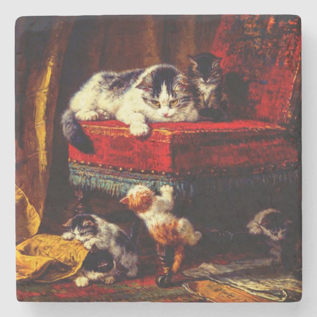 Katze und Kätzchen spielen mit Stuhl Steinuntersetzer (Vorderseite)