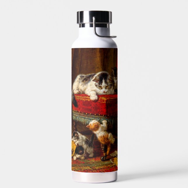 Katze und Kätzchen spielen mit Stuhl Trinkflasche (Links)