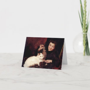 Katze und Mädchen Rotes Vintage-Kunst Blanko-Notiz Karte