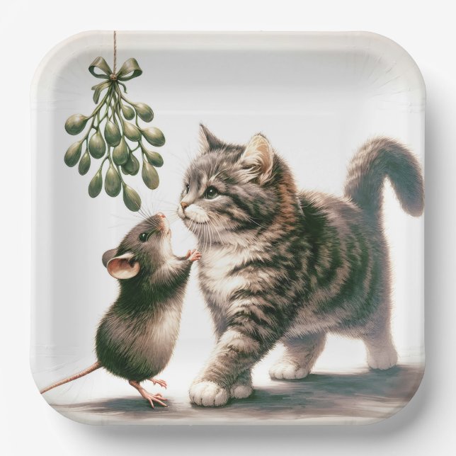 Katze und Maus mit Mistletoe Pappteller (Vorderseite)