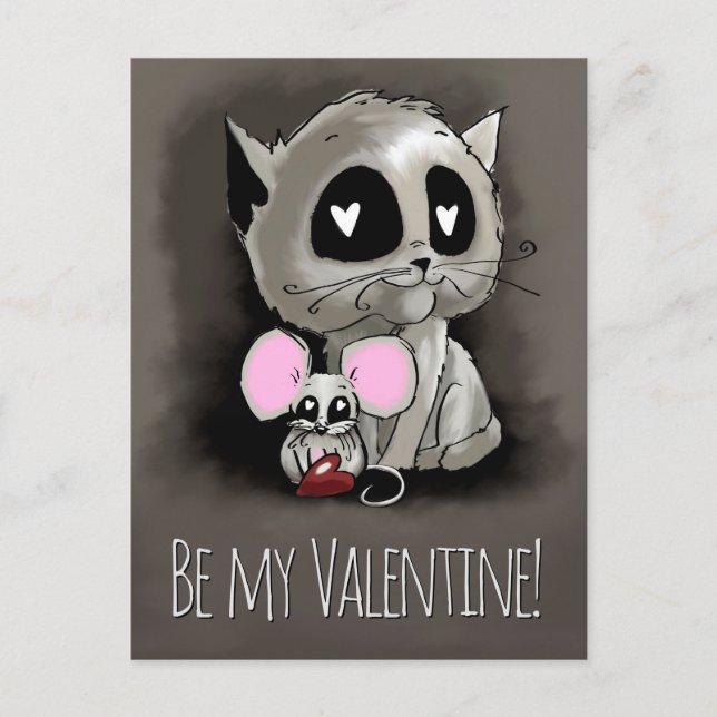 Katze und Maus Zeichnend Tinte, sei mein Valentine Postkarte (Vorderseite)