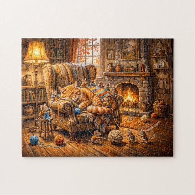 Katze und Mäuse gemütliche Strickszene Puzzle (Horizontal)