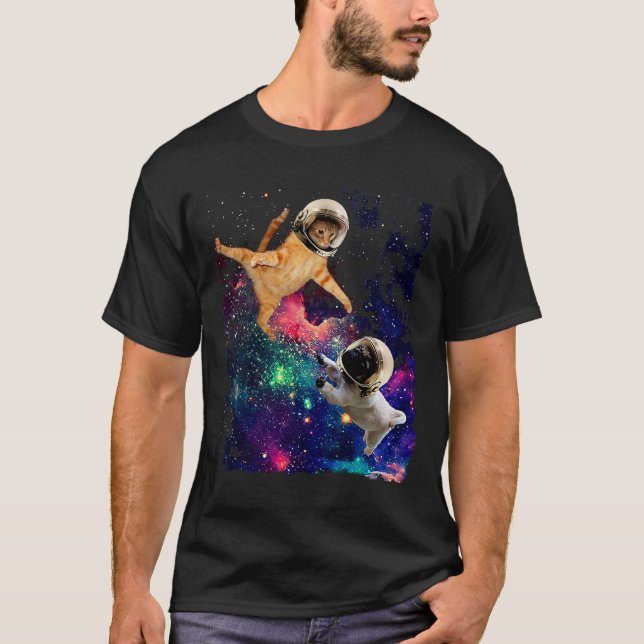 Katze und Mops-Astronauten T-Shirt (Vorderseite)