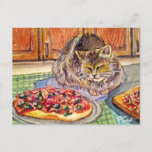 Katze und Pizza Postkarte