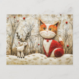 Katze und Rentier im Winter, hergestellt in der Gü Postkarte