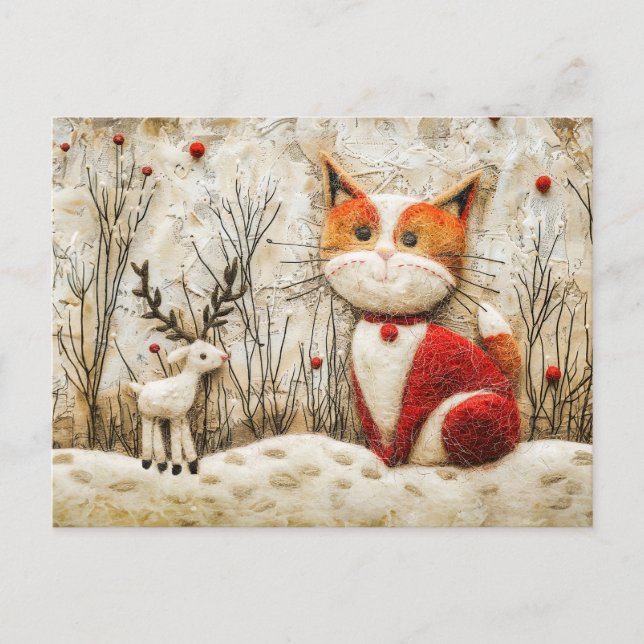Katze und Rentier im Winter, hergestellt in der Gü Postkarte (Vorderseite)