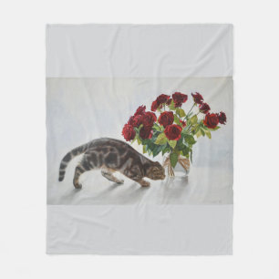 Katze und rote Rosen – realistische Ölbild-Druck Fleecedecke