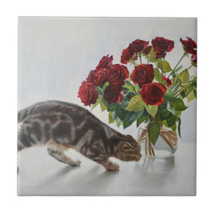 Katze und rote Rosen – realistische Ölbild-Druck Fliese