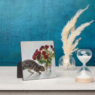 Katze und rote Rosen – realistische Ölbild-Druck Fotoplatte