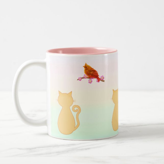 Katze und Roter Vogel Zweifarbige Tasse (Links)