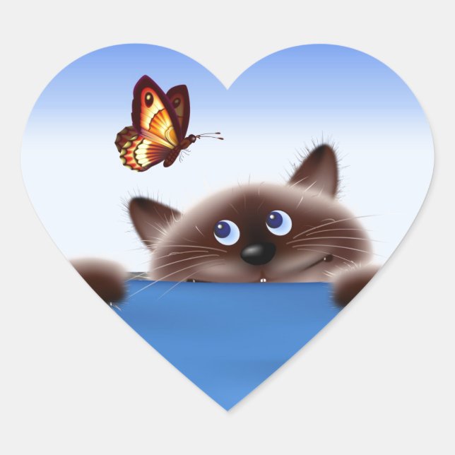 Katze und Schmetterling Herz-Aufkleber (Vorderseite)