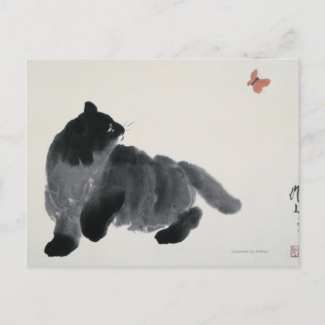 Katze und Schmetterling Postkarte (Vorderseite)