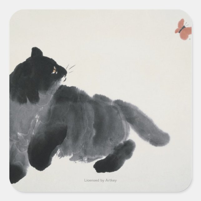 Katze und Schmetterling Quadratischer Aufkleber (Vorderseite)