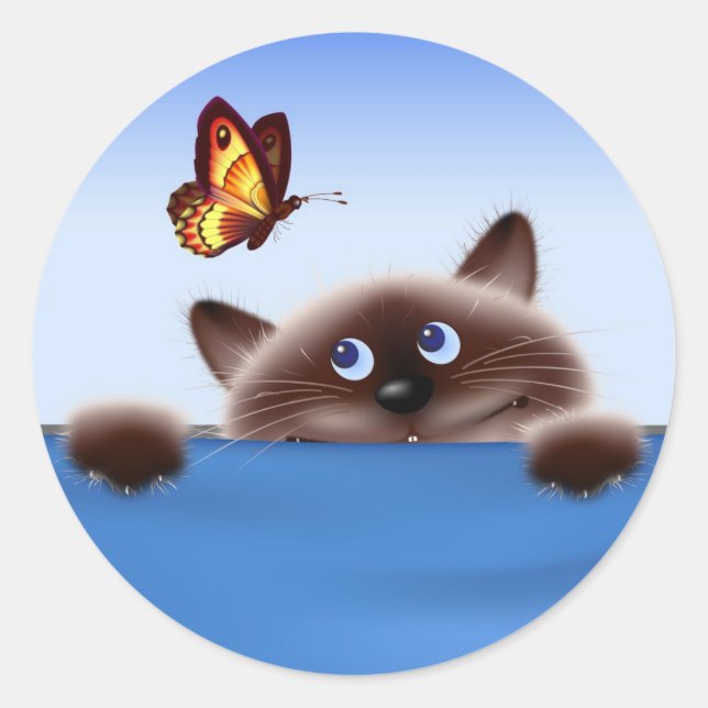 Katze und Schmetterling Runder Aufkleber (Vorderseite)