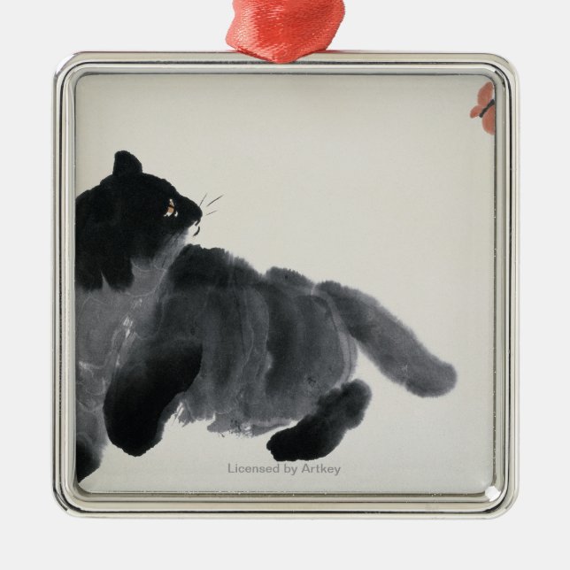Katze und Schmetterling Silbernes Ornament (Vorne)