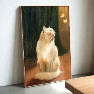 Katze und Schmetterlinge – Elegante Vintage-Wandku Poster
