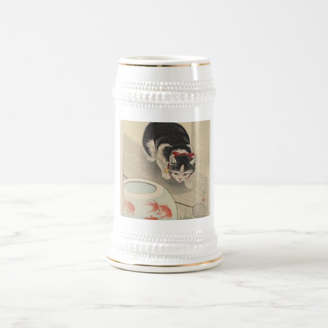 Katze und Schüssel des Goldfischs durch Ohara Bierglas (Mittel)