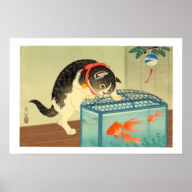 Katze und Schüssel Goldfish Shoson Ohara 1930 Poster (Vorne)