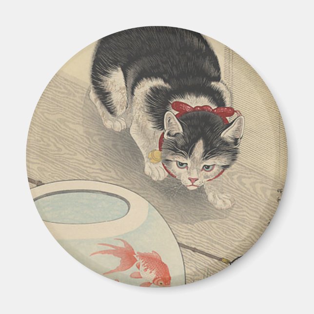 Katze und Schüssel Goldfish von Ohara Koson Magnet (Vorne)