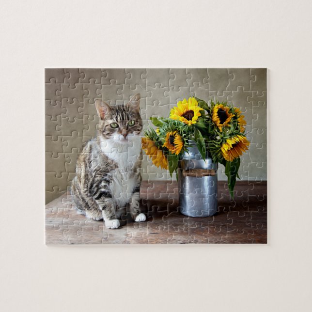 Katze und Sonnenblumen Puzzle (Horizontal)
