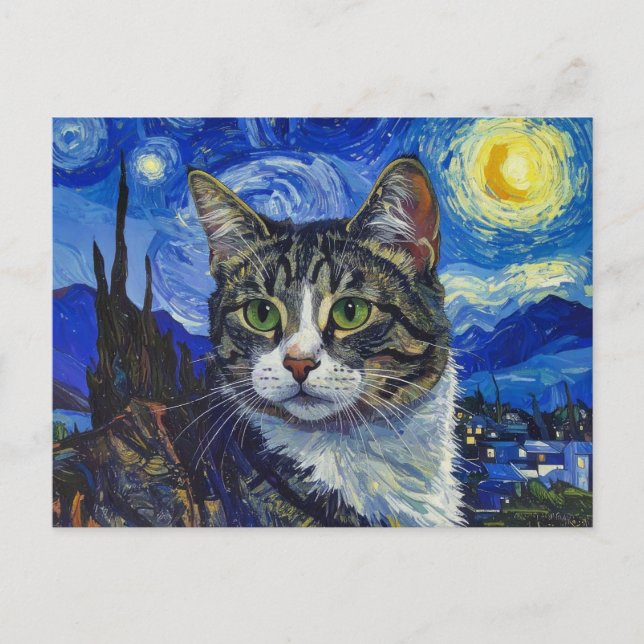 Katze und Starry Night Postkarte (Vorderseite)