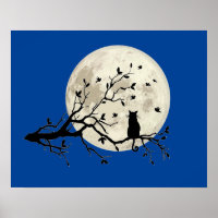 Katze und Vögel mit Silhouette und Vollmond