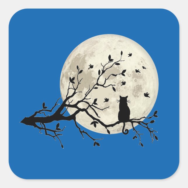 Katze und Vögel mit Silhouette und Vollmond Quadratischer Aufkleber (Vorderseite)
