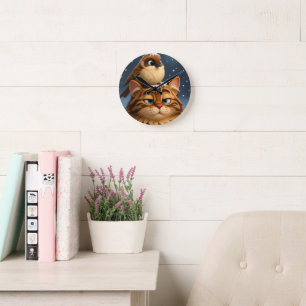 Katze und Vogel Runde Wanduhr