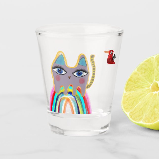 Katze und Vögel Schnapsglas (Vorderseite)
